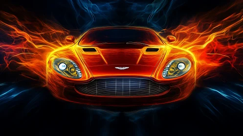 Digital painting of flaming sports car in frontal symmetry.