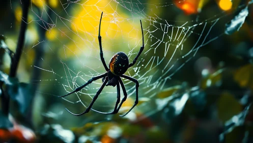 Spider hangs centered in dew-covered web against foliage background