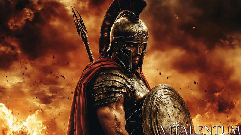 Fierce ancient warrior standing tall in a storm of fire.