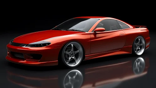 Red sports coupe rendered on reflective black surface.