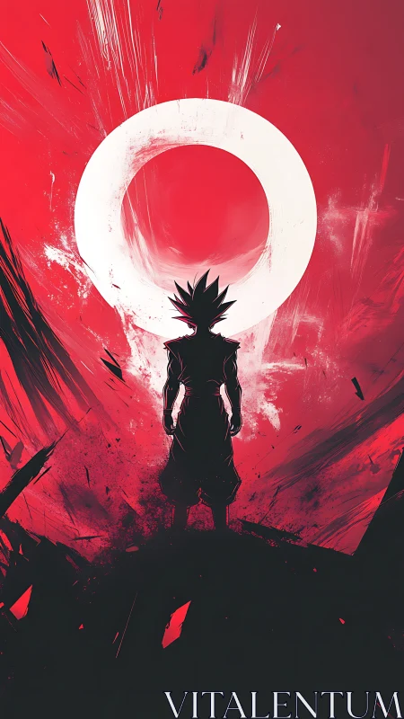 Silhouetted warrior confronts blazing white ring portal