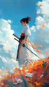 Samurai girl walking through bright flower fields at dawn.