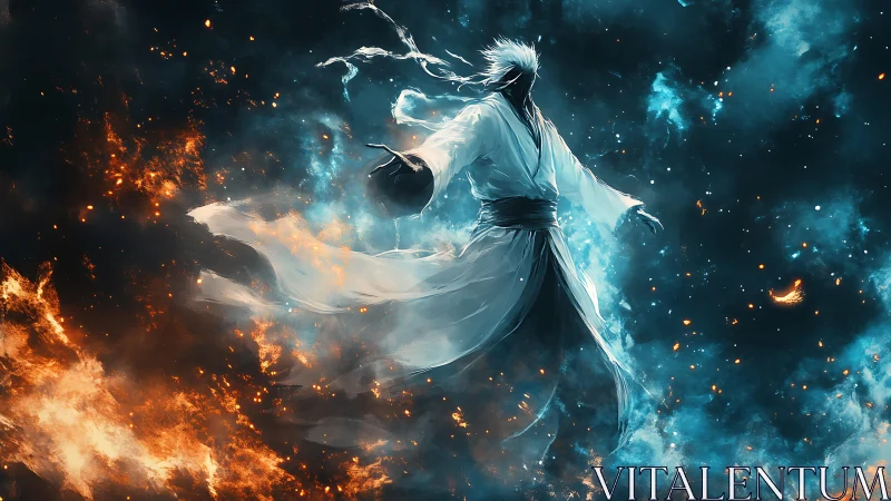 Elemental warrior commands raging fire and ice storm.