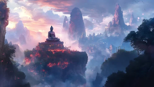 Large seated statue overlooks illuminated mountain cityscape