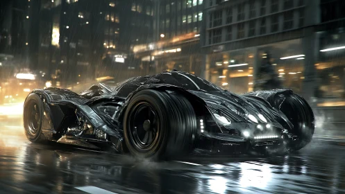 Aerodynamic stealth hypercar accelerates through rain-soaked neon city