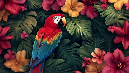 Scarlet macaw rests amid hyperreal tropical foliage