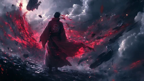 Crimson cloaked warrior commanding a storm of embers.