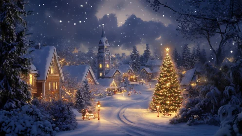 Snow-covered village street with illuminated Christmas tree.