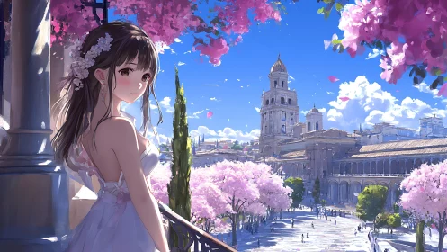 Anime girl on balcony above plaza with cathedral view.