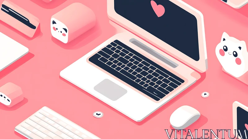 Cute pastel workspace with kawaii laptop and gadgets.