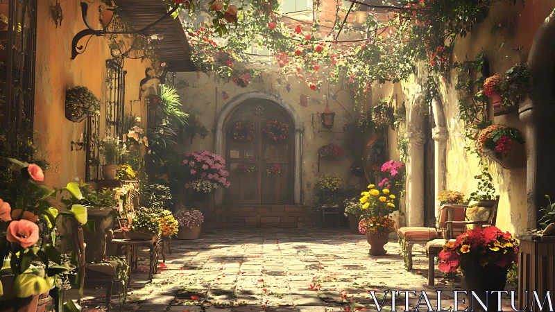 Mediterranean courtyard with potted flowers and arched doorway.