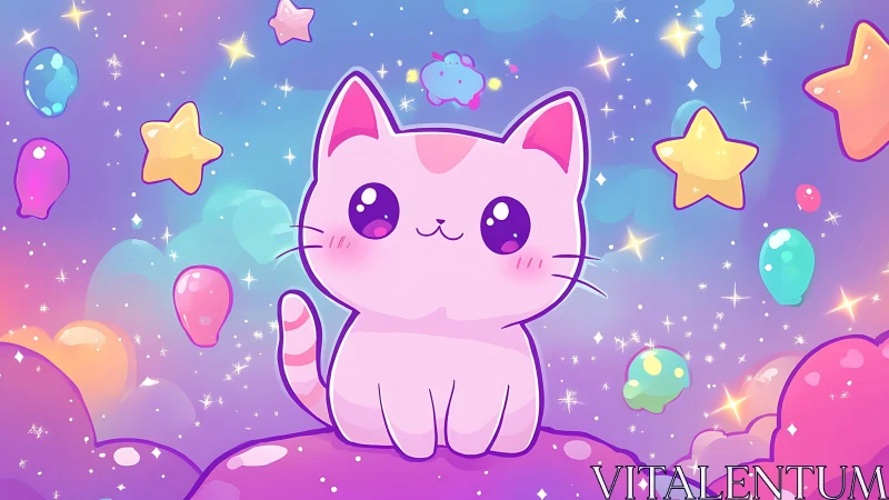 Pastel space kitten rendered in luminous kawaii cartoon style