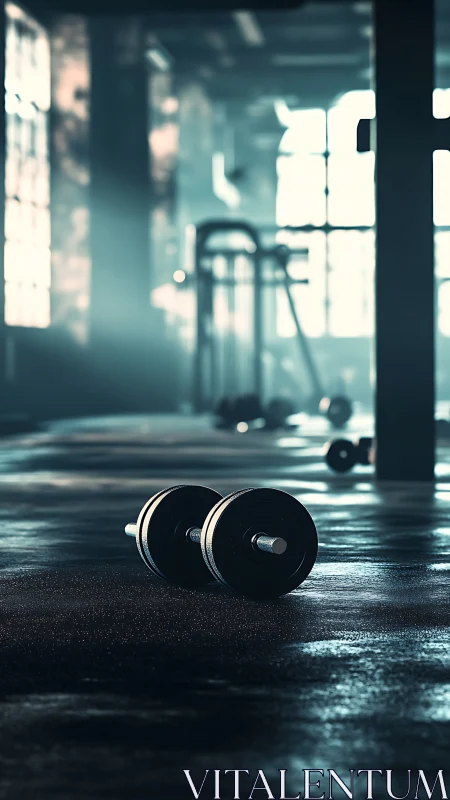 Low-angle gym still life isolates steel dumbbell on wet floor