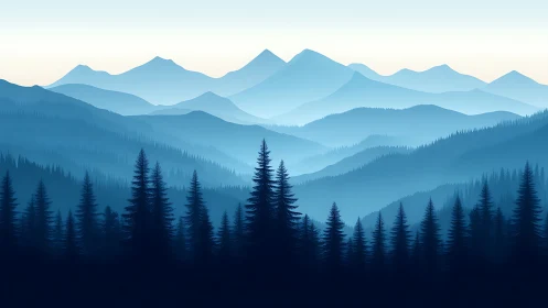 Layered conifer forest and distant mountain silhouettes panorama.