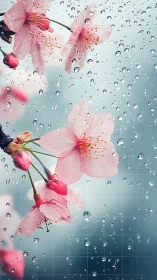 Pink flowers wet with water droplets against pale blue background