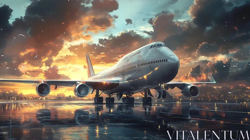 Passenger jet stands on wet runway under dramatic sunset sky