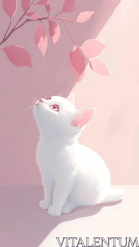 White Kitten Gazing Upward at Pink Foliage.