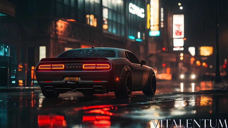Rear view of modern muscle car on wet neon city street.
