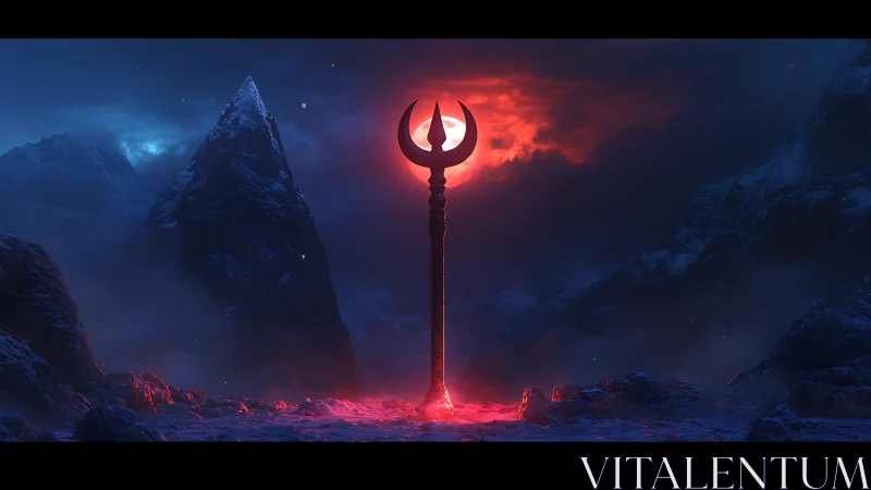 Crimson moonlight crowns an ancient staff in frozen silence