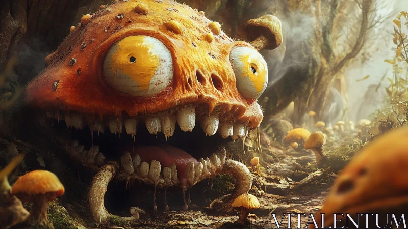 Giant orange mushroom monster with gaping mouth in forest