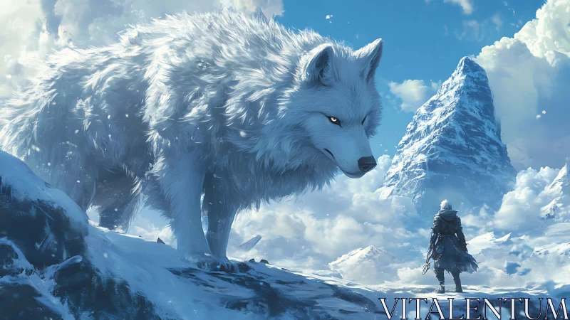Colossal spectral wolf dominates icy alpine expedition vista