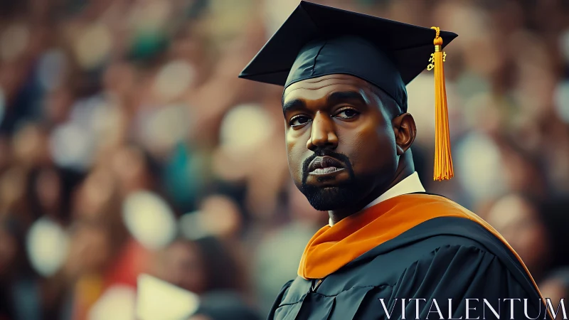 Male graduate in cap and gown in large outdoor ceremony.