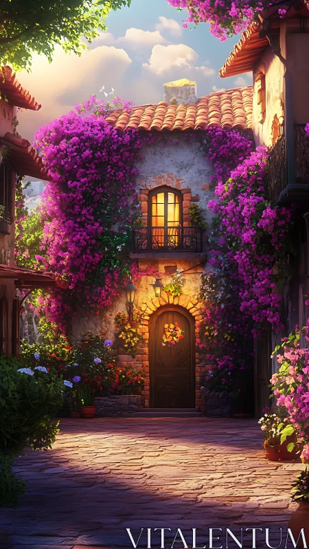 Mediterranean courtyard glows under cascading magenta blooms.