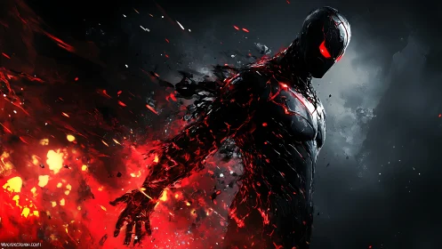 Molten armored figure emerges from explosive red inferno