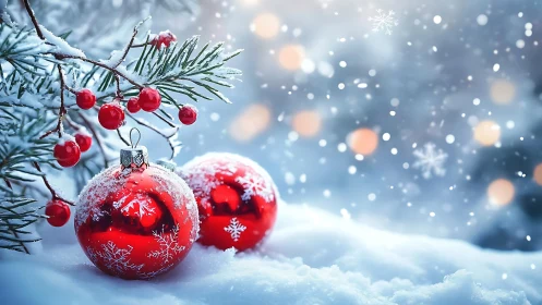 Red glass ornaments on snowy branch in winter landscape.