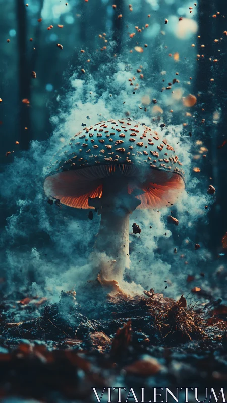Glowing forest mushroom erupts through swirling ember mist