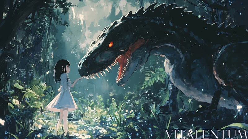 Girl calmly confronting dinosaur in a dense forest scene.