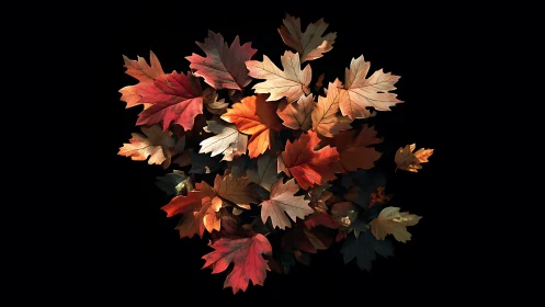 Autumn maple leaves glow in dramatic spotlight on black.