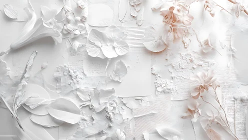 Soft white botanicals scattered in a dreamy paper collage.