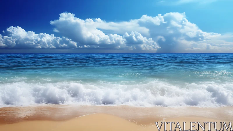 Sunlit shore where rolling waves meet bright blue skies.