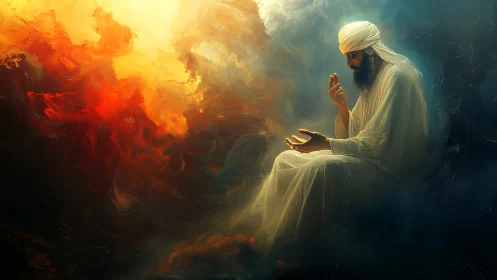 Mystic in swirling nebula, cradling embers of silent prayer.