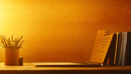 Golden-hour minimalist desk with laptop in warm bokeh haze