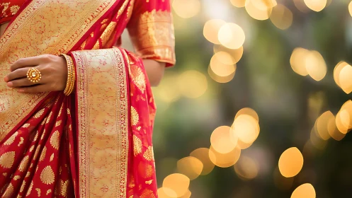 Red silk saree with gold border and festive lighting.