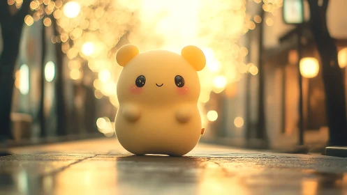 Soft-lit kawaii mascot toy stands on bokeh city street