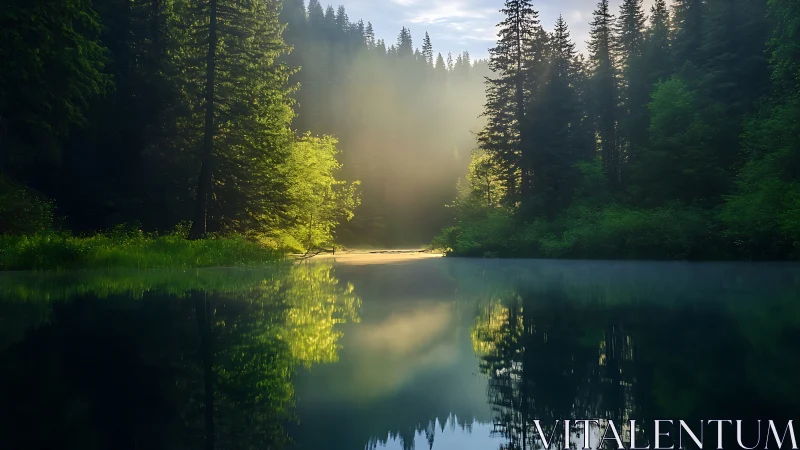 Sunlit forest lake reflects misty evergreens at dawn