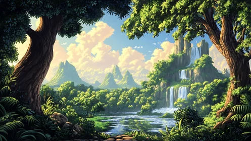 Fantastical landscape with towering cliffs and cascading waterfalls framed by trees.