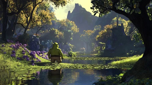 Gentle ogre resting beside a glowing woodland stream.