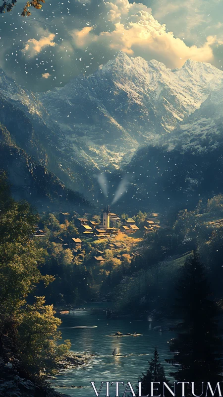 Snowlit alpine village recedes beneath monumental mountain range