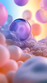 Dreamy soap spheres drift through pastel foam valleys