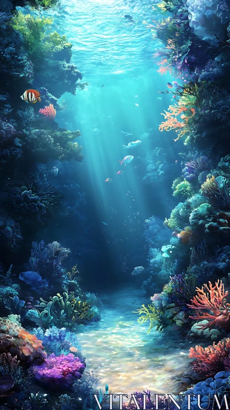 Sunlit coral reef corridor with diverse marine life depicted.