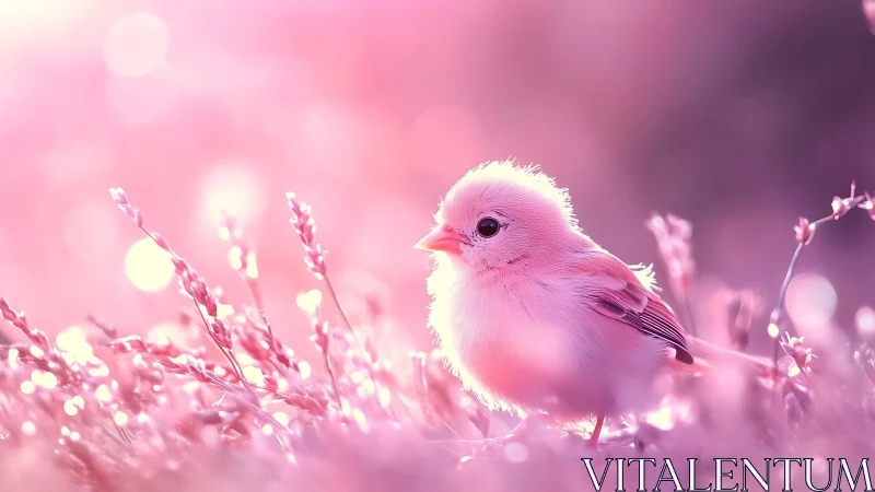 Fluffy Baby Bird in Pastel Pink Meadow, Dreamy Soft Focus Style.