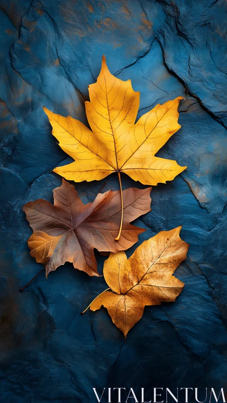 Golden autumn leaves contrast against deep blue stone