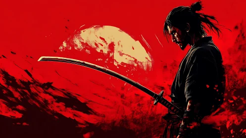 Blood-red horizon crowns a lone samurai in solemn resolve.
