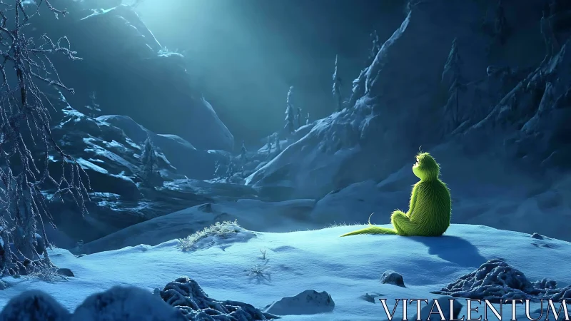 Lonely green creature gazes across a moonlit snowy valley.