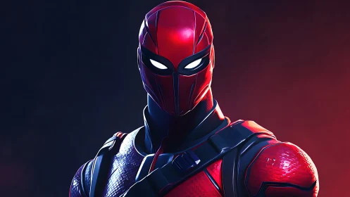 Red armored vigilante portrait with luminous visor and straps