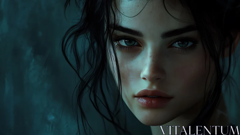 Storm-lit gaze of the midnight muse in teal silence.